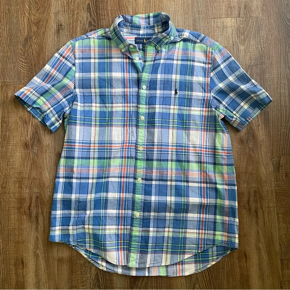 Ralph Lauren Boys XL 18-20 Blue Green Plaid Short Sleeve Button Down Shirt Pony